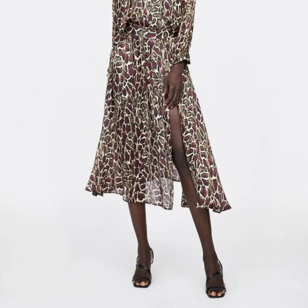 Zara NWT Brown Snakeskin Print A-Line Midi Skirt M - Picture 12 of 15